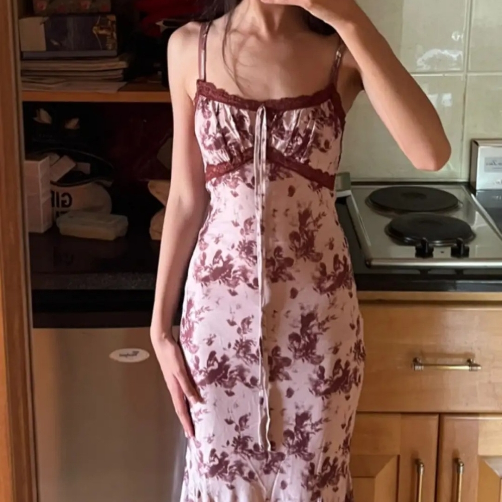 Cider Lace Trim Cami Tie Front Maxi Dress Ditsy Mesh Size Small